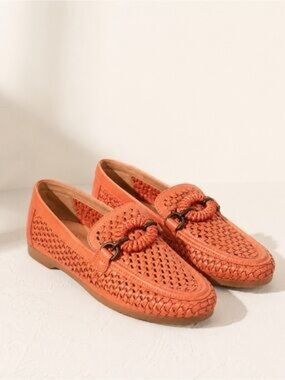 Brioso Presley Woven Leather Ornamented Loafers in Coral / Terracotta.
